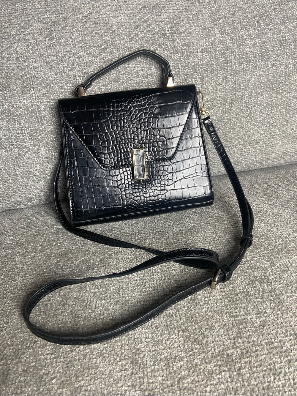 Madison West Black Croc-Embossed Top Handle Satchel with Strap